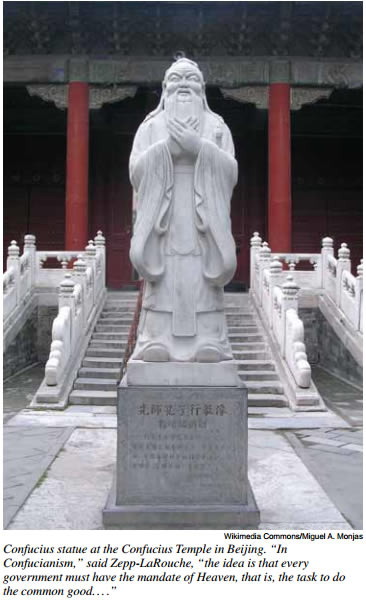 Wikimedia Commons/Miguel A. Monjas | Confucius statue at the Confucius Temple in Beijing. In Confucianism, said Zepp-LaRouche, the idea is that every government must have the mandate of Heaven, that is, the task to do the common good....