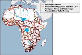 Small color map of existing and proposed railways and water projects in Africa